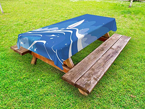 ABAKUHAUS Blu Nautico Tovaglia da Esterno, Nuvole Seagulls Barca, Tovaglia da Picnic Lavabile Decorativa, 145 cm x 305 cm, Azzurro Blu Baby Blue