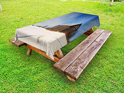ABAKUHAUS Natura Scena Tovaglia da Esterno, Granaio abbandonato Inverno, Tovaglia da Picnic Lavabile Decorativa, 145 cm x 265 cm, Blue Sea Guscio d'uovo