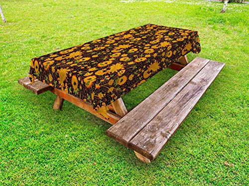 ABAKUHAUS Floreale Tovaglia da Esterno, Stile Orientale Flower Motif, Tovaglia da Picnic Lavabile Decorativa, 145 cm x 305 cm, Nero Arancione