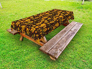 ABAKUHAUS Floreale Tovaglia da Esterno, Stile Orientale Flower Motif, Tovaglia da Picnic Lavabile Decorativa, 145 cm x 210 cm, Nero Arancione
