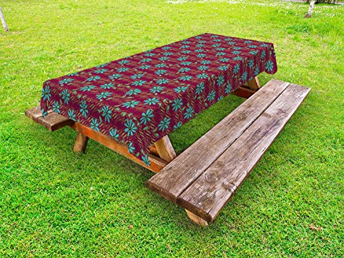 ABAKUHAUS Flora Tovaglia da Esterno, Vivid Garden Buds Blooming, Tovaglia da Picnic Lavabile Decorativa, 145 cm x 210 cm, Maroon Seafoam