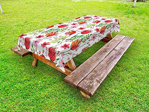 ABAKUHAUS Floreale Tovaglia da Esterno, Scribbled Fiori e Foglie, Tovaglia da Picnic Lavabile Decorativa, 145 cm x 210 cm, Rosa Verde