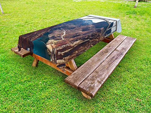 ABAKUHAUS Natura Scena Tovaglia da Esterno, Memorial Bridge Arco, Tovaglia da Picnic Lavabile Decorativa, 145 cm x 305 cm, Umber Scuro Turchese