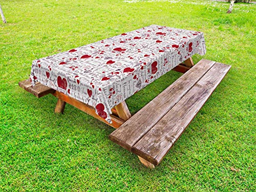 ABAKUHAUS Vintage Valentine Tovaglia da Esterno, I Love You Lingo, Tovaglia da Picnic Lavabile Decorativa, 145 cm x 265 cm, Vermilion Plum Bianco