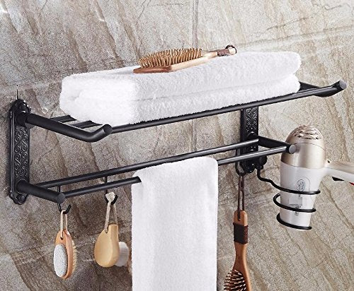 MBYW Portasciugamani Alto carico Portasciugamani da Bagno Mensola portaoggetti Porta Asciugamani, Stile Vintage, Pieghevole, a Parete, portaoggetti per Bagno, con asciugacapelli 50 * 25 cm