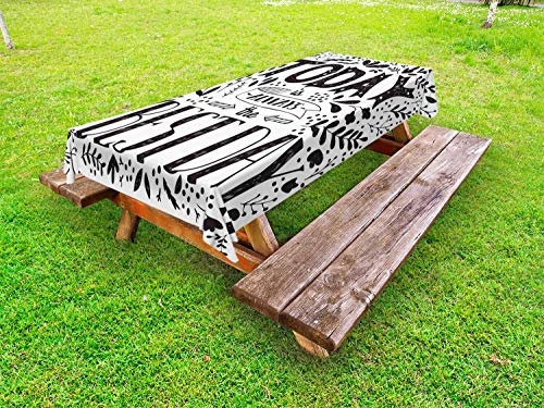 ABAKUHAUS Energia positiva Tovaglia da Esterno, Oggi è Il Giorno Migliore, Tovaglia da Picnic Lavabile Decorativa, 145 cm x 265 cm, Charcoal Grey Bianco
