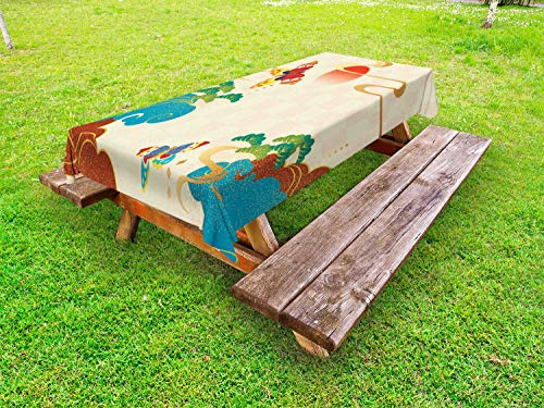 ABAKUHAUS Belle Arti Tovaglia da Esterno, Sun Nuvole e Farfalle, Tovaglia da Picnic Lavabile Decorativa, 145 cm x 265 cm, Multicolore