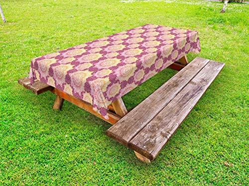 ABAKUHAUS Mandala Tovaglia da Esterno, Medaglione Sun, Tovaglia da Picnic Lavabile Decorativa, 145 cm x 305 cm, Rosa e Multicolor