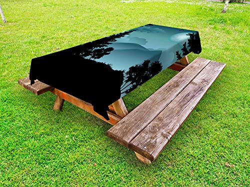 ABAKUHAUS Sempreverde Tovaglia da Esterno, Pipistrelli foreste e Montagne, Tovaglia da Picnic Lavabile Decorativa, 145 cm x 305 cm, Charcoal Grey Cadet Blu