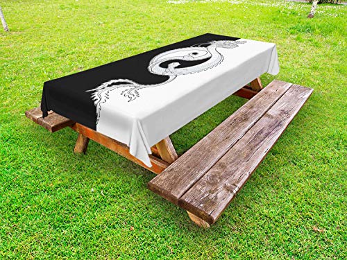ABAKUHAUS Kung Fu Tovaglia da Esterno, Drago con Yin Yang, Tovaglia da Picnic Lavabile Decorativa, 145 cm x 210 cm, Grigio Bianco