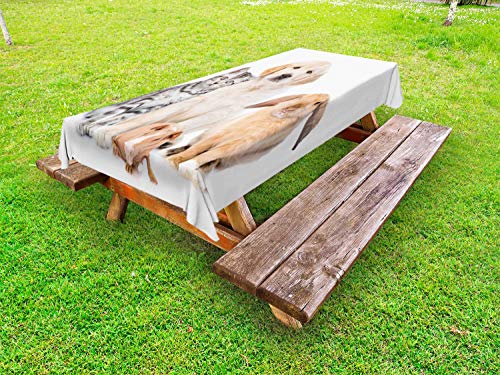 ABAKUHAUS Cane e Gatto Tovaglia da Esterno, Bunny Piglet Staring, Tovaglia da Picnic Lavabile Decorativa, 145 cm x 210 cm, Pallido Peach Taupe