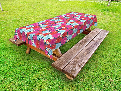 ABAKUHAUS Hawaii Tovaglia da Esterno, Vivid Toni Hibiscus Fiori, Tovaglia da Picnic Lavabile Decorativa, 145 cm x 305 cm, Multicolore