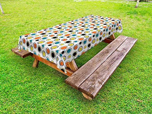 ABAKUHAUS Geometria Astratta Tovaglia da Esterno, scarabocchi Circles, Tovaglia da Picnic Lavabile Decorativa, 145 cm x 305 cm, Bianco Multicolor