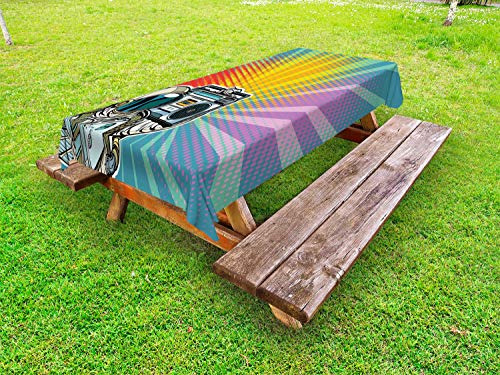 ABAKUHAUS Astronauta Tovaglia da Esterno, l'Uomo e Boombox Sunburst, Tovaglia da Picnic Lavabile Decorativa, 145 cm x 305 cm, Seafoam Blue Sea