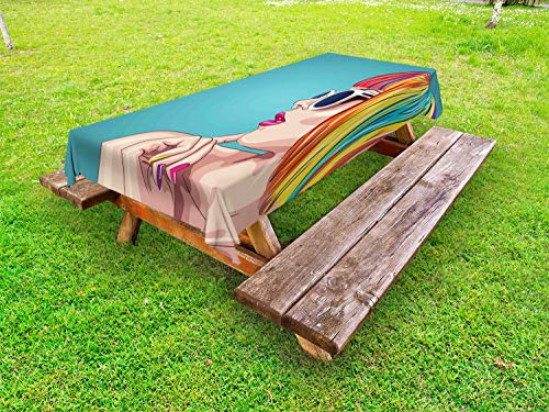ABAKUHAUS Colorato Tovaglia da Esterno, Parrucca Arcobaleno e Occhiali da Sole, Tovaglia da Picnic Lavabile Decorativa, 145 cm x 265 cm, Cadet Blu e Multicolor