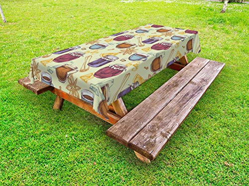 ABAKUHAUS Schizzo Tovaglia da Esterno, Borse Cannella tè Tazze Vasi, Tovaglia da Picnic Lavabile Decorativa, 145 cm x 210 cm, Pastello Verde Multicolor