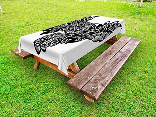 ABAKUHAUS Owl Stampa Tovaglia da Esterno, Ornamentale Uccello, Tovaglia da Picnic Lavabile Decorativa, 145 cm x 265 cm, Carbonella Grey Giallo