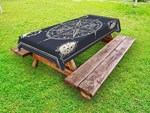 ABAKUHAUS Nautico Tovaglia da Esterno, Compass Arte Sole e Luna, Tovaglia da Picnic Lavabile Decorativa, 145 cm x 265 cm, Dark Blue Grey Guscio d'uovo