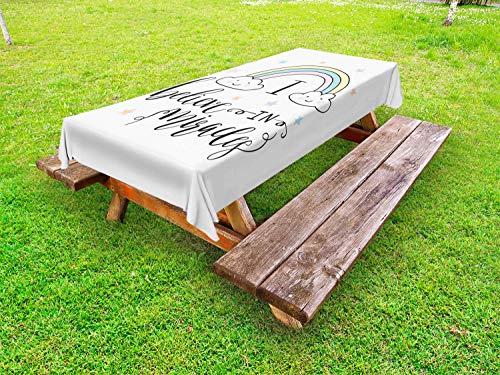 ABAKUHAUS Detto Tovaglia da Esterno, I Believe in Miracles Arcobaleno, Tovaglia da Picnic Lavabile Decorativa, 145 cm x 265 cm, Bianco Multicolor