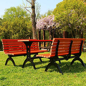 Set tavolo e sedie da pranzo per esterno in 3 pezzi, Tavolo da 59 pollici e 2 panche, Robusta struttura in acciaio e panchina in legno massello anticorrosivo, tabella di svago e la combinazione sedi