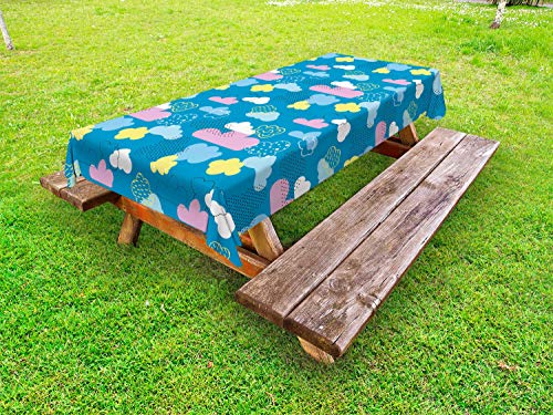 ABAKUHAUS Cartone Animato Tovaglia da Esterno, Nursery Style Nuvole Dots, Tovaglia da Picnic Lavabile Decorativa, 145 cm x 305 cm, Blue Sea Pastello Giallo