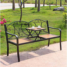 Panca da Giardino Per Patio Esterno da 59 Pollici, Struttura In Ghisa E Tavolo E Sedie da Balcone In Legno Massello Anticorrosivo,Panchina In Metallo Con Tavolino Centrale,Per Veranda / Cortile/prat
