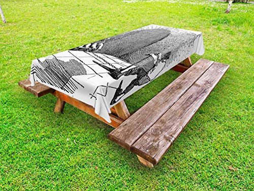 ABAKUHAUS Francia Tovaglia da Esterno, Lavoratori Facendo Sapone Taglio, Tovaglia da Picnic Lavabile Decorativa, 145 cm x 265 cm, Bianco e Charcoal Grey