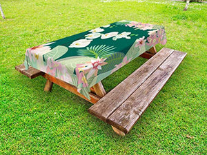 ABAKUHAUS Orchidee Tovaglia da Esterno, Tropical Jungle Mazzi, Tovaglia da Picnic Lavabile Decorativa, 145 cm x 305 cm, Verde Menta e Forest Green