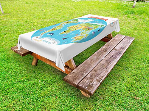 ABAKUHAUS educativo Tovaglia da Esterno, Animali delle Mondo, Tovaglia da Picnic Lavabile Decorativa, 145 cm x 265 cm, Multicolore