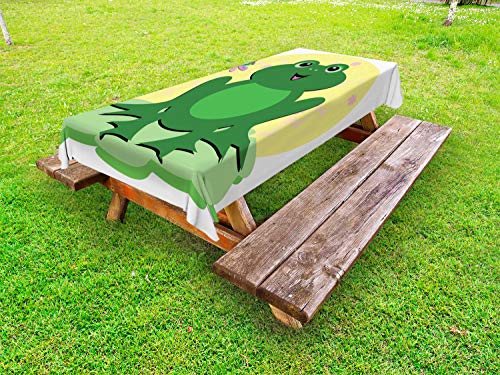 ABAKUHAUS Rane Tovaglia da Esterno, Childish Concetto Animale Stagno, Tovaglia da Picnic Lavabile Decorativa, 145 cm x 305 cm, Verde Giallo