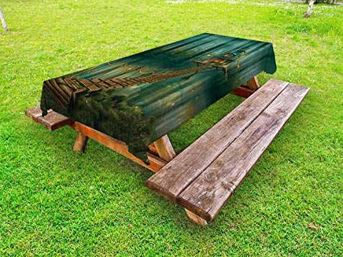 ABAKUHAUS Villetta Tovaglia da Esterno, Fairy casa su Lake Forest, Tovaglia da Picnic Lavabile Decorativa, 145 cm x 305 cm, Verde Marrone Hunter Verde