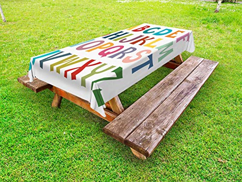 ABAKUHAUS Alfabeto Tovaglia da Esterno, Lettere Colorate di Base, Tovaglia da Picnic Lavabile Decorativa, 145 cm x 305 cm, Bianco Multicolor