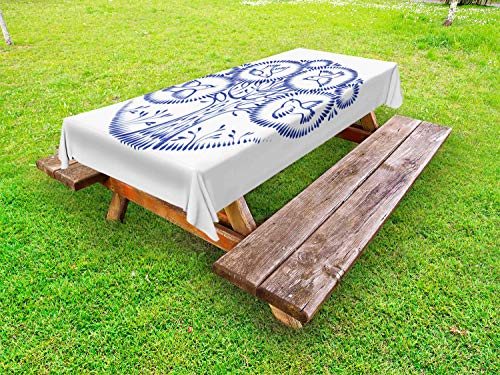ABAKUHAUS Arte Popolare Tovaglia da Esterno, Uccelli in Circles Botanica, Tovaglia da Picnic Lavabile Decorativa, 145 cm x 305 cm, Royal Blue e Bianco
