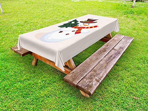 ABAKUHAUS Pupazzo di Neve Tovaglia da Esterno, Felice Pupazzo di Neve Che Tiene L'Albero, Tovaglia da Picnic Lavabile Decorativa, 145 cm x 210 cm, Multicolore