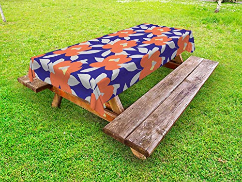 ABAKUHAUS Fiore Tovaglia da Esterno, Modello Magnolia dettagliata, Tovaglia da Picnic Lavabile Decorativa, 145 cm x 265 cm, Indigo Pallido Taupe Arancione