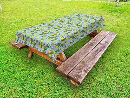 ABAKUHAUS Botanico Tovaglia da Esterno, Limone Motivo con Blossoms, Tovaglia da Picnic Lavabile Decorativa, 145 cm x 305 cm, Giallo Blu e Verde