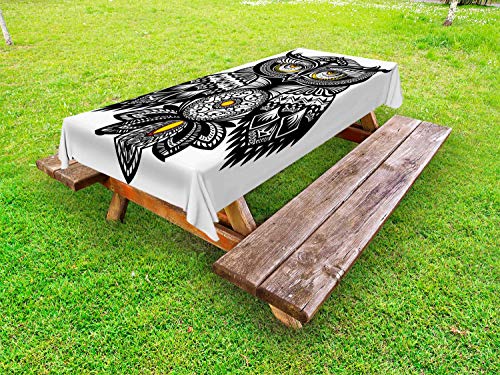 ABAKUHAUS Owl Stampa Tovaglia da Esterno, Motivi, Tovaglia da Picnic Lavabile Decorativa, 145 cm x 305 cm, Grigio Giallo