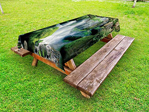 ABAKUHAUS Natura Scena Tovaglia da Esterno, Cascata scorre Rocks, Tovaglia da Picnic Lavabile Decorativa, 145 cm x 305 cm, Lime Green e Blu Grigio