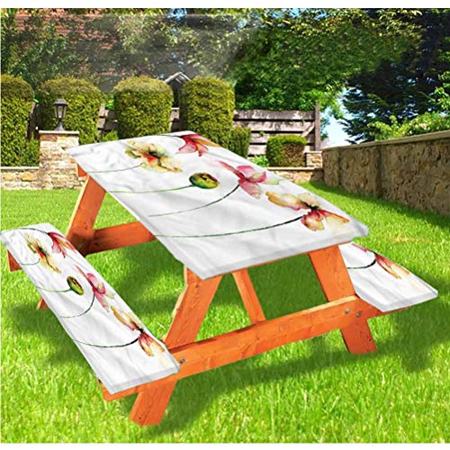 LEWIS FRANKLIN Tenda da doccia floreale per tavolo da picnic e panchina, tovaglia con bordo elastico, motivo papavero, camomilla, margherite, giglio, 60 x 170 cm, set da 3 pezzi per tavolo pieghevole