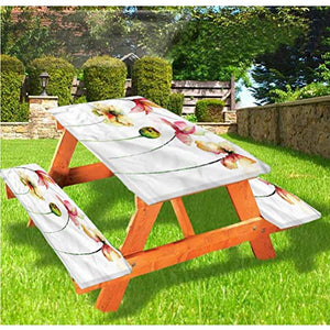 LEWIS FRANKLIN Tenda da doccia floreale per tavolo da picnic e panchina, tovaglia con bordo elastico, motivo papavero, camomilla, margherite, giglio, 60 x 170 cm, set da 3 pezzi per tavolo pieghevole