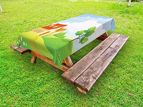 ABAKUHAUS Nazione Tovaglia da Esterno, Case su Un Prato, Tovaglia da Picnic Lavabile Decorativa, 145 cm x 265 cm, Lime Green Multicolor