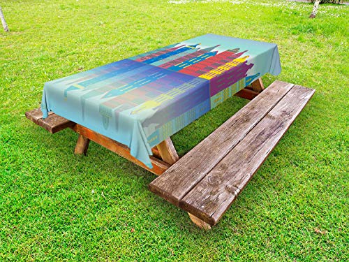 ABAKUHAUS Amsterdam Tovaglia da Esterno, Futuristico Elementi Urbani, Tovaglia da Picnic Lavabile Decorativa, 145 cm x 210 cm, Azzurro Blu Multicolor