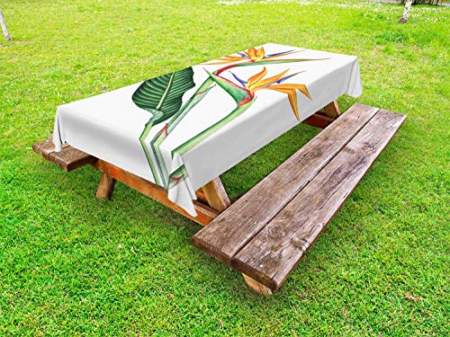 ABAKUHAUS Colori hawaiane Tovaglia da Esterno, Uccello del Paradiso, Tovaglia da Picnic Lavabile Decorativa, 145 cm x 305 cm, Bianco Multicolor