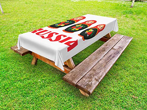 ABAKUHAUS Russo Tovaglia da Esterno, Nesting Dolls Matryoshka, Tovaglia da Picnic Lavabile Decorativa, 145 cm x 305 cm, Vermilion Bianco Verde