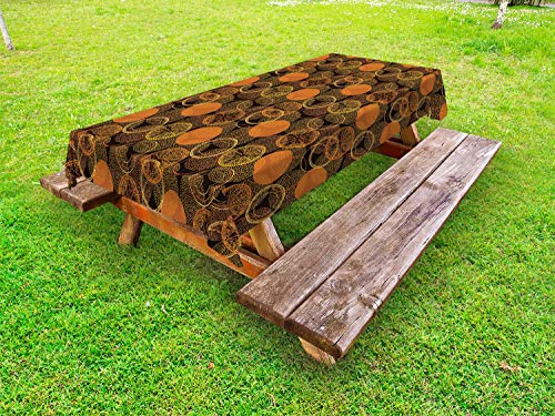 ABAKUHAUS Mandarino Tovaglia da Esterno, Rounds Dotwork e agrumi, Tovaglia da Picnic Lavabile Decorativa, 145 cm x 305 cm, Grigio Scuro Arancione