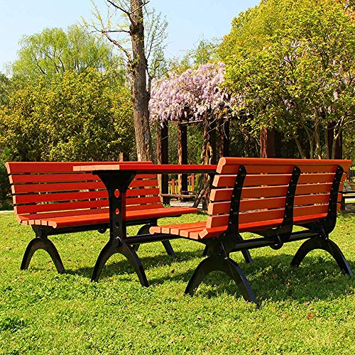 GaoF Set Tavolo da Pranzo e sedie da Esterno per Patio, Tavolo Rettangolare da 59 Pollici e 2 panchine, panchina per terrazza con Struttura in Acciaio Robusto Tavolo e Sedia in Legno massello