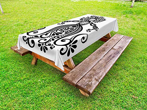 ABAKUHAUS Astratto Tovaglia da Esterno, Donna Forma dell'Annata Decorativa, Tovaglia da Picnic Lavabile Decorativa, 145 cm x 210 cm, Charcoal Grey And White