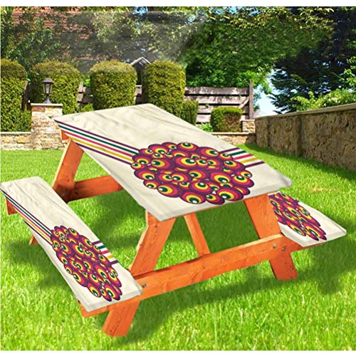 LEWIS FRANKLIN Tenda da doccia Retro Picnic Tavolo e Panchina, Tovaglia con bordo elastico a righe, 60 x 72 cm, set da 3 pezzi per tavolo pieghevole