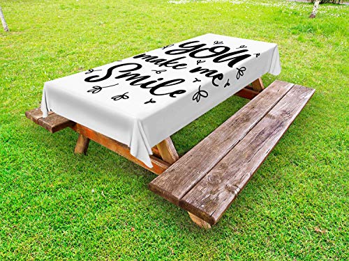 ABAKUHAUS Sorridi Tovaglia da Esterno, Disegnati a Mano You Make Me Smile, Tovaglia da Picnic Lavabile Decorativa, 145 cm x 265 cm, Charcoal Grey And White