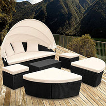 Casaria Isola prendisole XXL in polyrattan Ø 226cm Tettucio parasole pieghevole Imbottiture spesse 7cm + 3 Cuscini Lettino prendisole Mobili da giardino ovale nero
